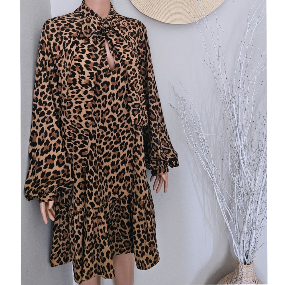 Kate Spade NY Leopard Print Necktie Drop Waist Drop Long Sleeves Swing Dress - Picture 3 of 11